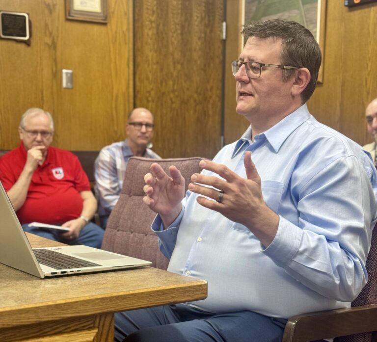 South Dakota School and Public Lands Commissioner Brock Greenfield speaks about the Richmond Lake spillway project during the Brown County Commission meeting on Tuesday, April 7 at the courthouse annex. Aberdeen Insider photo by Shannon Marvel.
