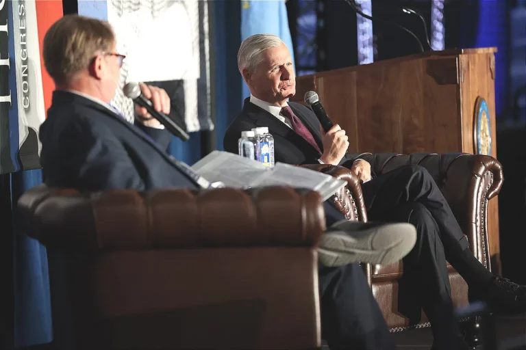 Author and presidential historian Jon Meacham, right, was the featured speaker during this year’s Daschle Dialogues Tuesday, April 7 at First Bank & Trust Arena on the campus of South Dakota State University in Brookings. South Dakota native and nationally renowned journalist Chuck Raasch moderated a panel discussion with Meacham. Dakota Scout photo by Joe Sneve.