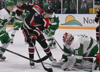 Aberdeen forward David Hruby tries to lift the puck over Watertown goalie JJ Salajko during the second period of their game Saturday, April 11 at the Odde Ice Center. The Wings won 4-3 to end the regular season. Aberdeen Insider photo by Robb Garofalo.