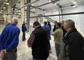 Clayton Larson, WEB Water's treatment plant manager, leads a tour of the expanded treatment plant near Selby on Wednesday, April 8. The work will help increase capacity for WEB, Aberdeen and BDM Rural Water. Courtesy photo.