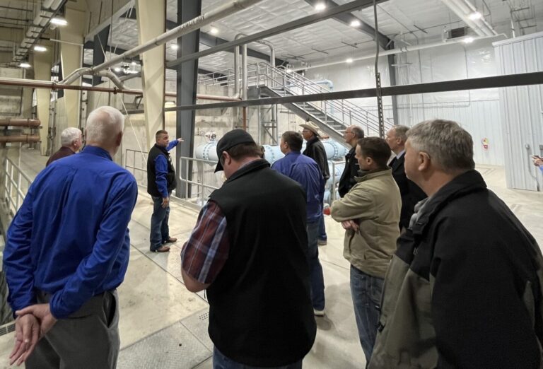 Clayton Larson, WEB Water's treatment plant manager, leads a tour of the expanded treatment plant near Selby on Wednesday, April 8. The work will help increase capacity for WEB, Aberdeen and BDM Rural Water. Courtesy photo.