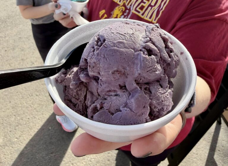 A customer holds out a bowl of ice cream from 605 Scoops, an ice cream truck based in Claremont. Photo courtesy of 605 Scoops.