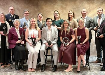 Honorees at the 2026 ABBY Awards were, back from left, Bea Smith from the Northern Innovation and Startup Center, Aberdeen Fire & Rescue Chief Joel Weig, Robert Fouberg, Krista Hadrick from Climate Control, Gloria Hutson, Haley Grandpre, Dan Gallagher, Josh VanLaecken, Aspire Executive Director Jennifer Gray, front from left, Aspire Development Director Janae Hamilton, Sister Kathleen Bierne, Optimal Performance owner Samantha Wipf, Spencer Sommers of CO-OP Architecture, Ashley Wolf and Becky Schuldt from the Healing Practice.
