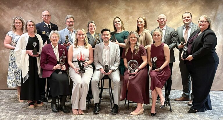 Honorees at the 2026 ABBY Awards were, back from left, Bea Smith from the Northern Innovation and Startup Center, Aberdeen Fire & Rescue Chief Joel Weig, Robert Fouberg, Krista Hadrick from Climate Control, Gloria Hutson, Haley Grandpre, Dan Gallagher, Josh VanLaecken, Aspire Executive Director Jennifer Gray, front from left, Aspire Development Director Janae Hamilton, Sister Kathleen Bierne, Optimal Performance owner Samantha Wipf, Spencer Sommers of CO-OP Architecture, Ashley Wolf and Becky Schuldt from the Healing Practice.