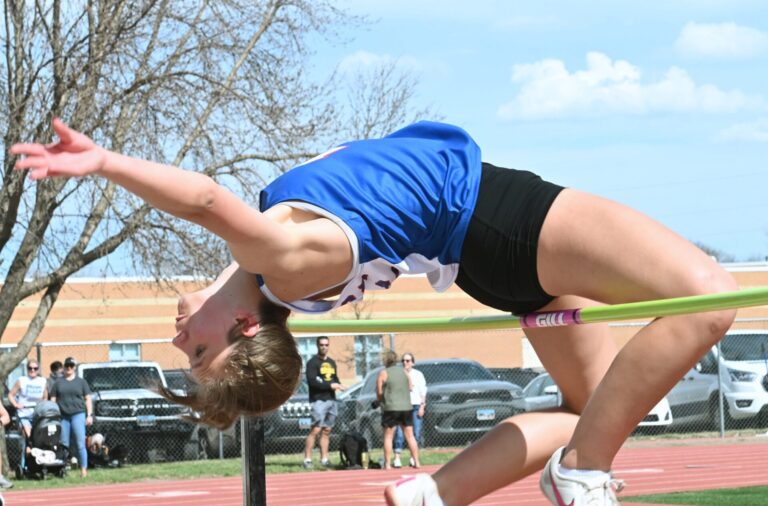 Warner's Miah Leidholt clears the bar at 5 feet, 4 inches during the girls high jump at the Geffdog Relays Thursday, April 16 in Warner. Leidholt set a school record when she cleared 5 feet, 6 inches. Aberdeen Insider photo by Robb Garofalo.