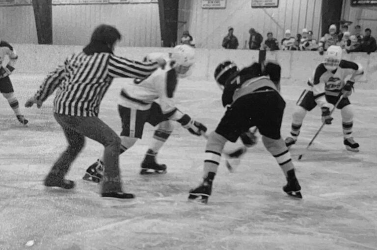 Lowell Swanson drops the puck during an Aberdeen Cougars game against Watertown in 1983 at the Holum Expo Building. Swanson was induced into the South Dakota Amateur Hockey Association Hall of Fame this year. Courtesy photo.