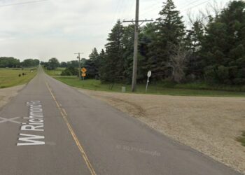 Visibility at the intersection of County Road 13/129th Street and 383rd Avenue is limited due to a line of mature trees. The intersection could be part of a detour while the spillway is being replaced at Richmond Lake. Photo courtesy of Google Maps.