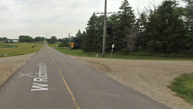Visibility at the intersection of County Road 13/129th Street and 383rd Avenue is limited due to a line of mature trees. The intersection could be part of a detour while the spillway is being replaced at Richmond Lake. Photo courtesy of Google Maps.