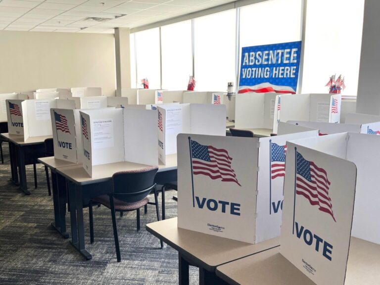Early voting booths are set up at the Minnehaha County administration building in Sioux Falls ahead of the June 2026 South Dakota primary election. South Dakota Searchlight photo by Makenzie Huber.