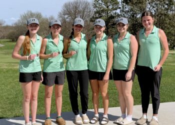 The Aberdeen Roncalli girls golf team won its second event to open the season Thursday, April 23 in Milbank. From left are Mackenzie Wegehaupt, Claire Crawford, Grace Seyer, Morgan Helms, Ava Danielson and Molly Jorgenson. Courtesy photo.