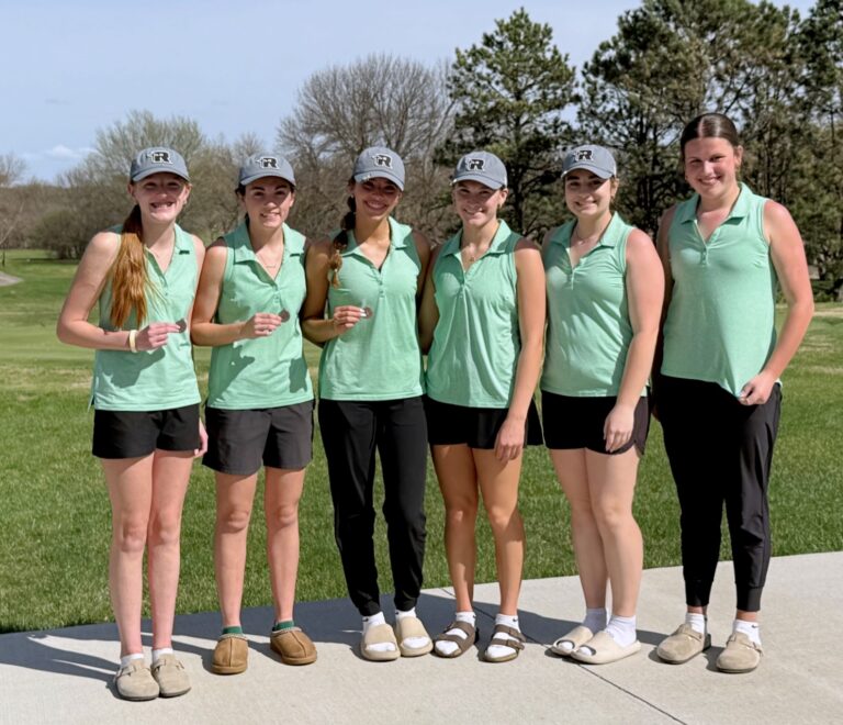 The Aberdeen Roncalli girls golf team won its second event to open the season Thursday, April 23 in Milbank. From left are Mackenzie Wegehaupt, Claire Crawford, Grace Seyer, Morgan Helms, Ava Danielson and Molly Jorgenson. Courtesy photo.