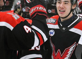 Aberdeen forward Jibber Kuhl celebrates with his teammates following the Wings' 6-2 victory over Bismarck in Game 5 of the Robertson Cup Central Division Semifinals on Monday, April 27 at the VFW Sports Center in Bismarck, N.D. The Wings now advance to play Austin in the division finals. Courtesy photo.