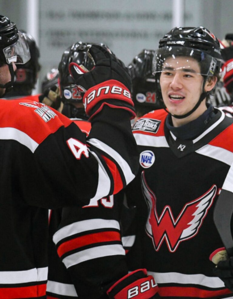 Aberdeen forward Jibber Kuhl celebrates with his teammates following the Wings' 6-2 victory over Bismarck in Game 5 of the Robertson Cup Central Division Semifinals on Monday, April 27 at the VFW Sports Center in Bismarck, N.D. The Wings now advance to play Austin in the division finals. Courtesy photo.