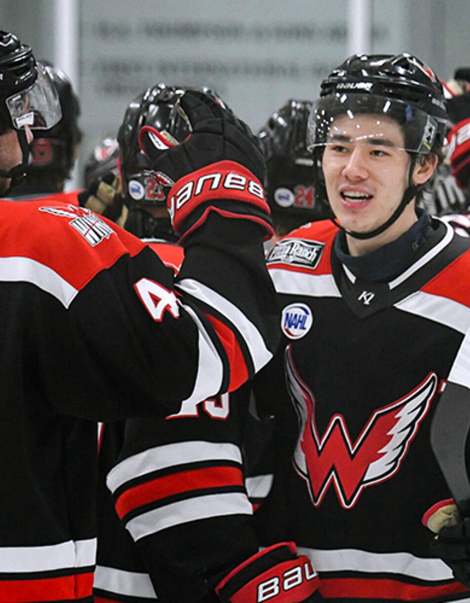 Aberdeen scores late, Braun shines in goal as Wings vanquish Bismarck from playoffs 1 Aberdeen forward Jibber Kuhl celebrates with his teammates following the Wings' 6-2 victory over Bismarck in Game 5 of the Robertson Cup Central Division Semifinals on Monday, April 27 at the VFW Sports Center in Bismarck, N.D. The Wings now advance to play Austin in the division finals. Courtesy photo.