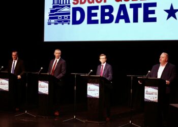 The four Republican candidates for governor took the stage in one last debate on Monday, April 27 at the Sioux falls Washington Pavilion. Candidates are, from left, Gov. Larry Rhoden, state House Speaker Jon Hansen, U.S. Rep. Dusty Johnson and Aberdeen businessman Toby Doeden. South Dakota Searchlight photo by Joshua Haiar.
