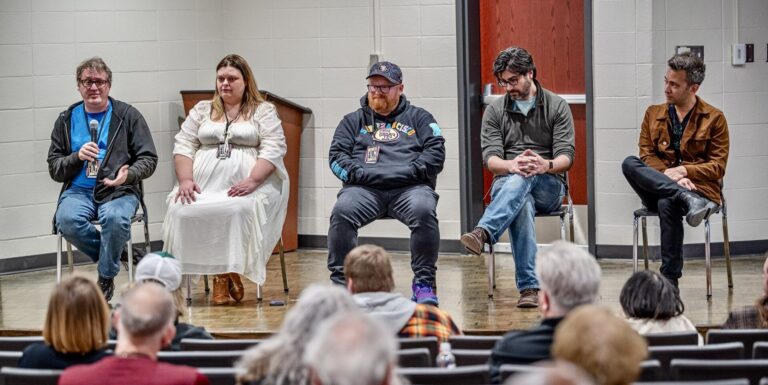 Dominic Wieneke, left, Ari Show, Zeke Richter, Zeke Hanson and Andrew Kightlinger discussed their works and answered questions during a filmmakers panel discussion during the Aberdeen Film Showcase on Saturday, March 28 at the Johnson Fine Arts Center. Photo courtesy of Greg Gilbertson.