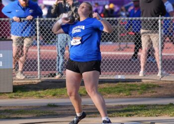 Taryn Hermansen tosses the shot put during the Howard Wood Dakota Relays Friday, May 1 in Sioux Falls. Hermansen won the event with a throw of 47 feet, 5.75 inches. Photo by Kevin Foss for the Aberdeen Insider.