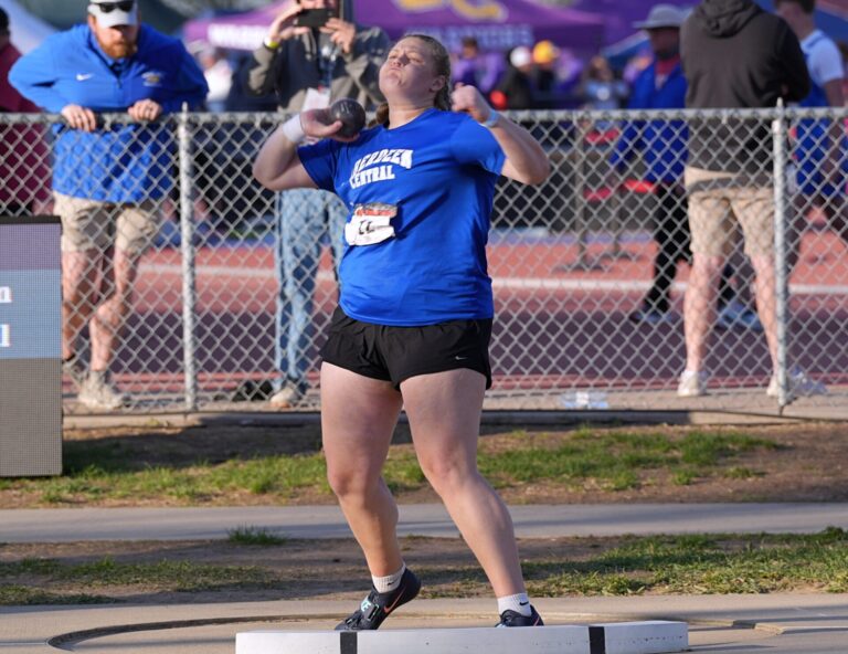 Taryn Hermansen tosses the shot put during the Howard Wood Dakota Relays Friday, May 1 in Sioux Falls. Hermansen won the event with a throw of 47 feet, 5.75 inches. Photo by Kevin Foss for the Aberdeen Insider.