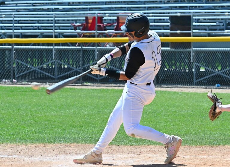 Aberdeen first baseman JaSean Rivera hits a single to center during game one of the Smittys doubleheader sweep over Rapid City Central Sunday, May 3 at Fossum Field. Aberdeen Insider photo by Robb Garofalo.