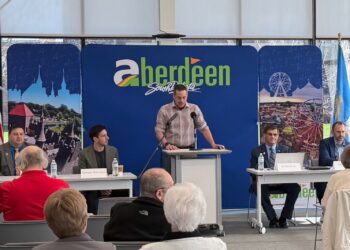 The four Republican candidates running for the two House of Representative seats in District 3 participated in a candidate forum on Saturday, May 2 at K.O. Lee Aberdeen Public Library. The forum was moderated by Central debate coach and teacher Kerry Konda, center. The candidates are, from left, Kaleb Weis, Spencer Sommers, Al Novstrup and Tim Hanigan. Photo courtesy of the Aberdeen Area Chamber of Commerce.