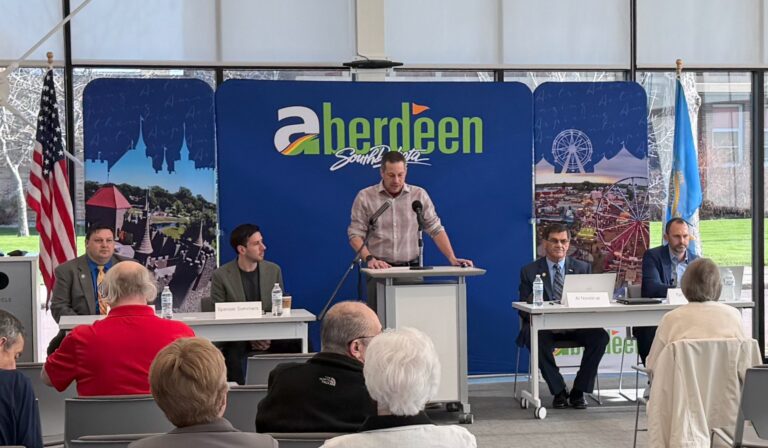 The four Republican candidates running for the two House of Representative seats in District 3 participated in a candidate forum on Saturday, May 2 at K.O. Lee Aberdeen Public Library. The forum was moderated by Central debate coach and teacher Kerry Konda, center. The candidates are, from left, Kaleb Weis, Spencer Sommers, Al Novstrup and Tim Hanigan. Photo courtesy of the Aberdeen Area Chamber of Commerce.