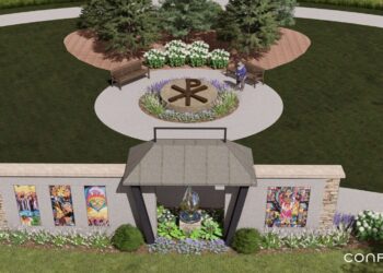 Part of the plans for the Presentation Peace Circle includes a Chi Rho marking the location of the chapel floor. Illustration provided by Confluence.