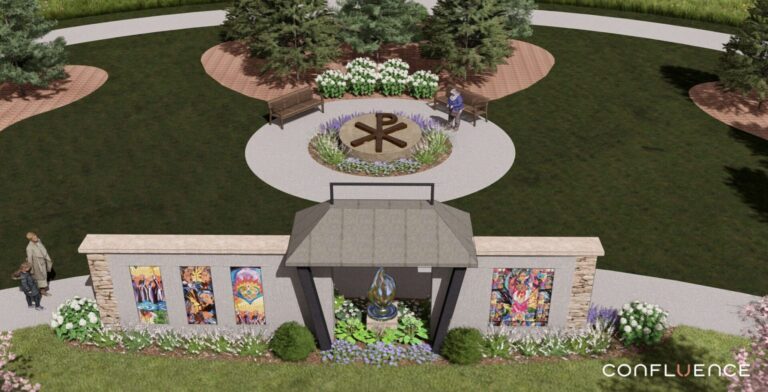 Part of the plans for the Presentation Peace Circle includes a Chi Rho marking the location of the chapel floor. Illustration provided by Confluence.