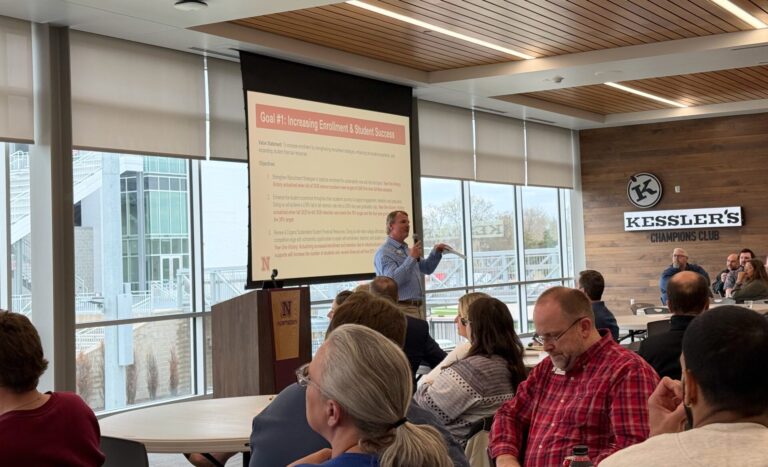 Northern Enrollment Management Officer Eric Kline gives an overview of enrollment-related strategic planning goals during a town hall on Tuesday, April 28 at the Barnett Center. Aberdeen Insider photo by Elisa Sand.
