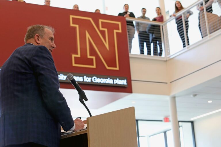 Northern State University President Alan LaFave reflects on the transformation of campus facilities in the past decade during a ribbon cutting Thursday, April 30 for the new Business and Health Innovation Center. Photo courtesy of Northern State University.