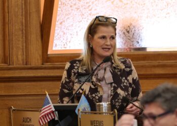 South Dakota Rep. Julie Auch, R-Lesterville, speaks in the House of Representatives in February 2025 at the Capitol in Pierre. South Dakota Searchlight photo by John Hult.