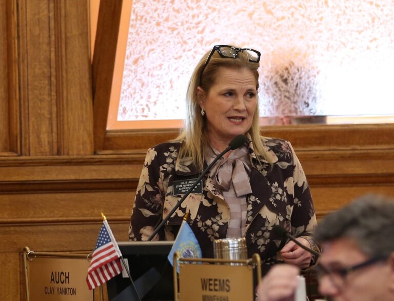 South Dakota Rep. Julie Auch, R-Lesterville, speaks in the House of Representatives in February 2025 at the Capitol in Pierre. South Dakota Searchlight photo by John Hult.
