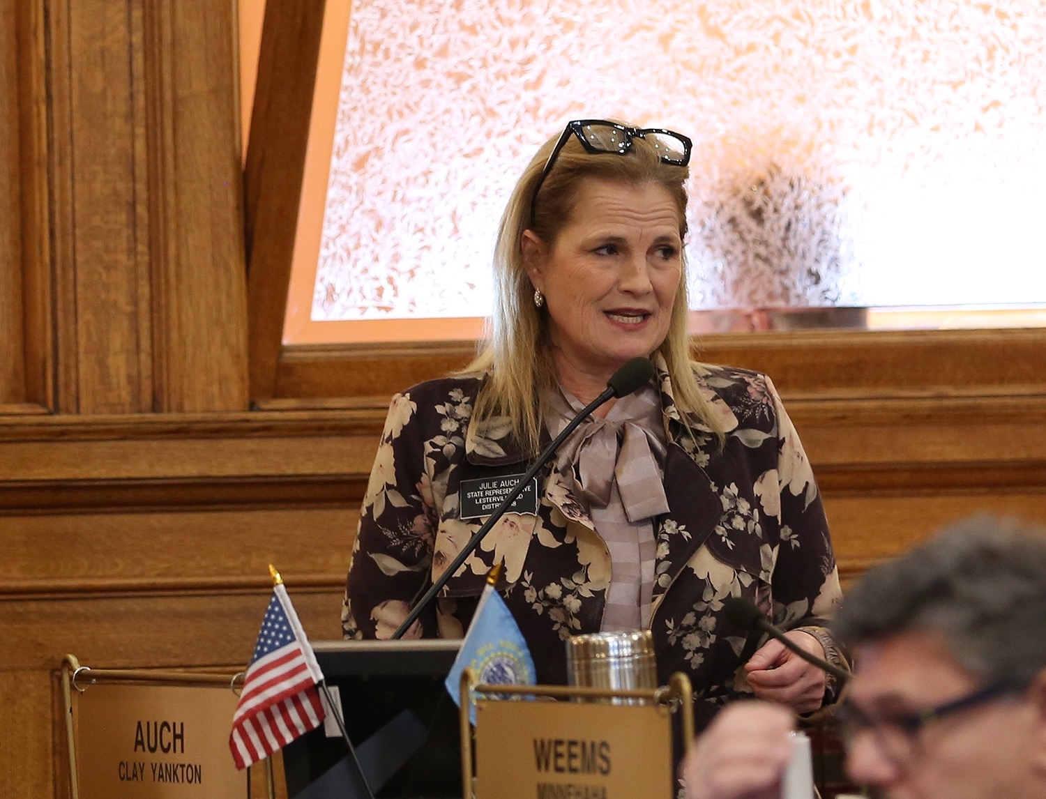 South Dakota Rep. Julie Auch, R-Lesterville, speaks in the House of Representatives in February 2025 at the Capitol in Pierre. South Dakota Searchlight photo by John Hult.