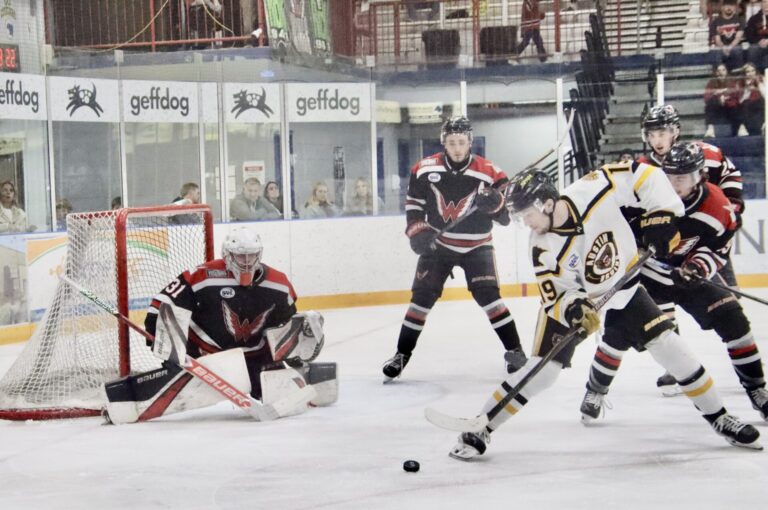 Austin forward Tucker Lovejoy (19) prepares to take a shot as Aberdeen goalie Willum Braun braces in front of the goal on Friday, May 8 at the Odde Ice Center. The Wings won Game 3 of the North American Hockey League Central Division Finals 4-0. Aberdeen Insider photo by Scott Waltman.