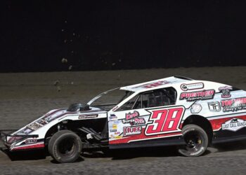 Dirt flies as Garrett Crawford races during the Midwest Modifieds feature Friday, May 1 at Brown County Speedway. This is his first year in the division. Aberdeen Insider photo by Robb Garofalo.