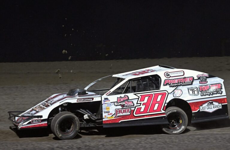 Dirt flies as Garrett Crawford races during the Midwest Modifieds feature Friday, May 1 at Brown County Speedway. This is his first year in the division. Aberdeen Insider photo by Robb Garofalo.