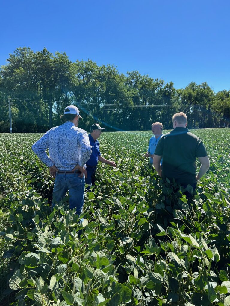 As he and foreign visitors walked through his soybean field last year, Mike McCranie of Claremont shared information about what he does to provide quality soybeans for export. Courtesy photo.