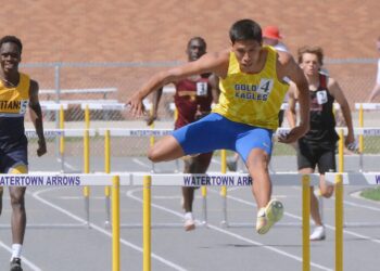 Aberdeen Central's Kyson Fayant won the boys 300-meter hurdles at the Eastern South Dakota Conference track meet in record fashion. He set a new South Dakota high school state record with a time of 37.81 seconds on Saturday, May 16 in Watertown. Courtesy photo.