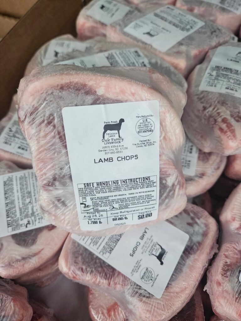 Customers can purchase lamb chops from Dale Family Livestock at the Malchow Plaza Farmers Market in Aberdeen on Saturdays this summer. Courtesy photo.