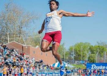 Northern State's Jayden Munroe competes in the long jump during the Drake Relays in Des Moines, Iowa. Munroe and three other members of the Northern track and field team will compete in the NCAA Division II outdoor championships beginning Thursday, May 21 in Emporia, Kan. Courtesy photo.