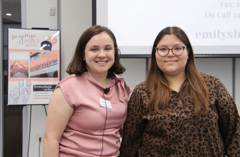 Diana Leal, program manager for the Post-Overdose Response Team for Emily's Hope stands with Brown County's team member Randee Red Horse. Aberdeen Insider photo by Elisa Sand.