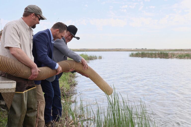 From left, Nathan Poole of Blue Dog State Fish Hatchery, South Dakota Game, Fish and Parks Secretary Kevin Robling and Gov. Larry Rhoden stock fish into Forsberg city pond in Watertown on May 26, 2026. Photo courtesy of the governor's office.