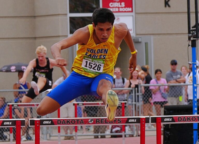 Aberdeen Central's Kyson Fayant won his second-straight 300-meter hurdles race at the Class AA State Track and Field Meet Saturday, May 30 at Howard Wood Field in Sioux Falls. Fayant was named to the all-state team and earned all-American honorable mention honors. Photo by Kevin Foss for the Aberdeen Insider.