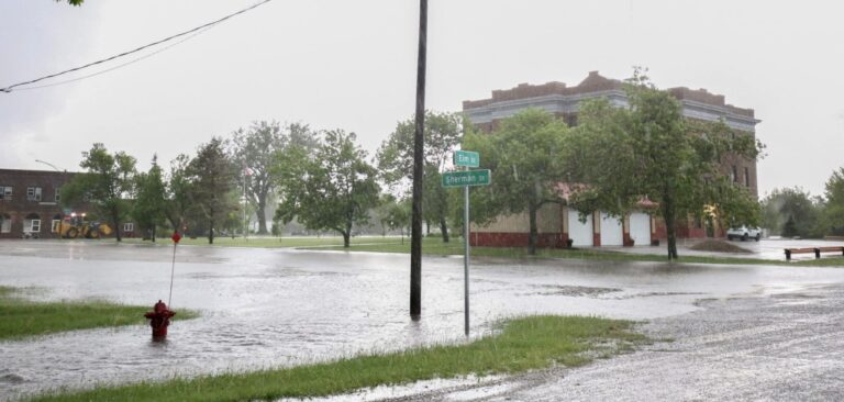 As much as 7 inches of rain fell in the Leola area the evening of Sunday, May 31, flooding streets in town and causing road closures. Photo courtesy of the McPherson County Herald.