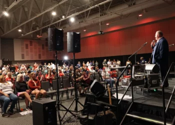 Toby Doeden of Aberdeen addresses a crowd awaiting election results Tuesday, June 2 in Sioux Falls. Photo by Jay Pickthorn for The Dakota Scout.
