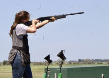 Sophia Eichler of Aberdeen Christian takes a shot at the South Dakota Trap Shooting State Tournament on Saturday, June 6 at the Aberdeen Gun Club. Aberdeen Insider photo by Allie Hoekman.