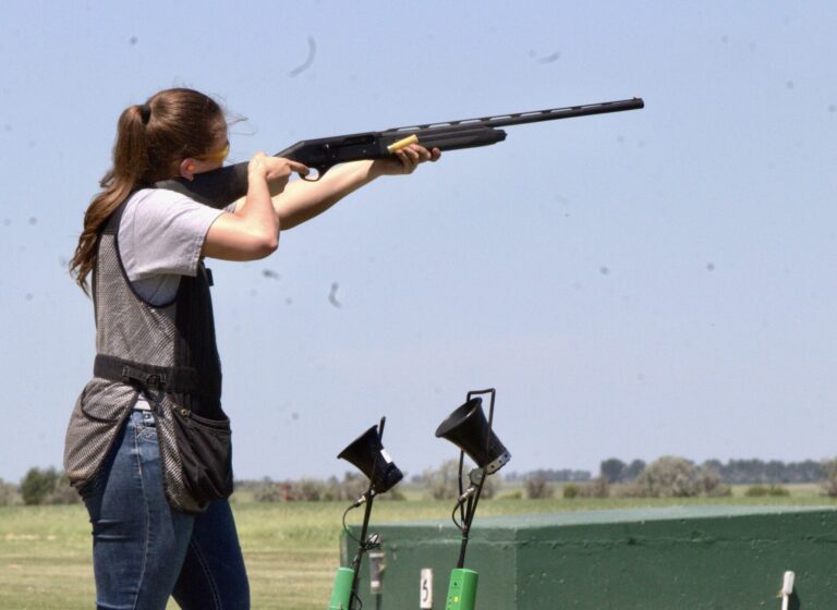 Sophia Eichler of Aberdeen Christian takes a shot at the South Dakota Trap Shooting State Tournament on Saturday, June 6 at the Aberdeen Gun Club. Aberdeen Insider photo by Allie Hoekman.