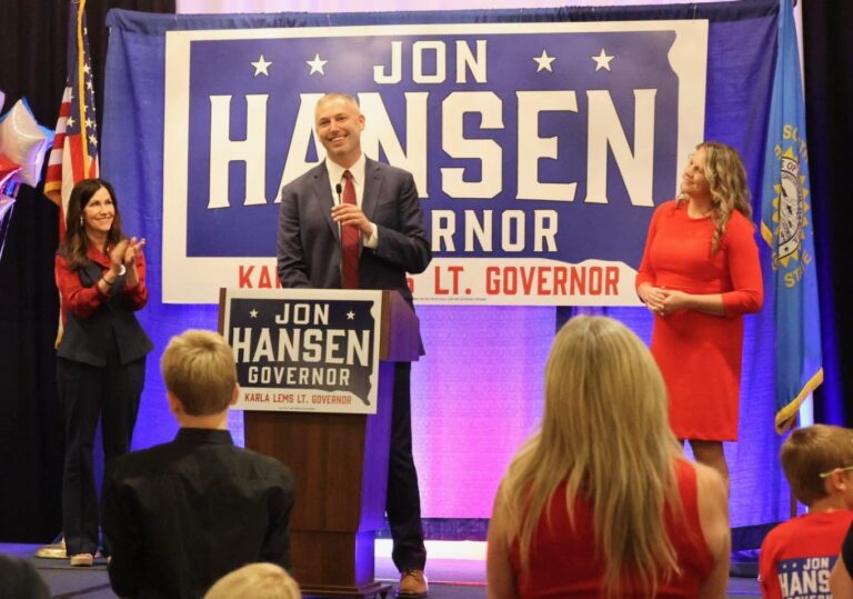 House Speaker Jon Hansen speaks from the stage Tuesday, June 2 at his Sioux Falls primary election event. He was seeking the Republican Party's nomination for governor. Photo by Jay Pickthorn for The Dakota Scout.