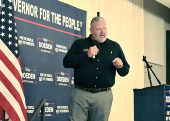 Toby Doeden speaks at a campaign event on Thursday, June 12 at the Engel Event Co. It was his first stop on a quest to visit all 66 counties as he campaigns to earn the Republican nomination for governor next year. Aberdeen Insider photo by Scott Waltman.