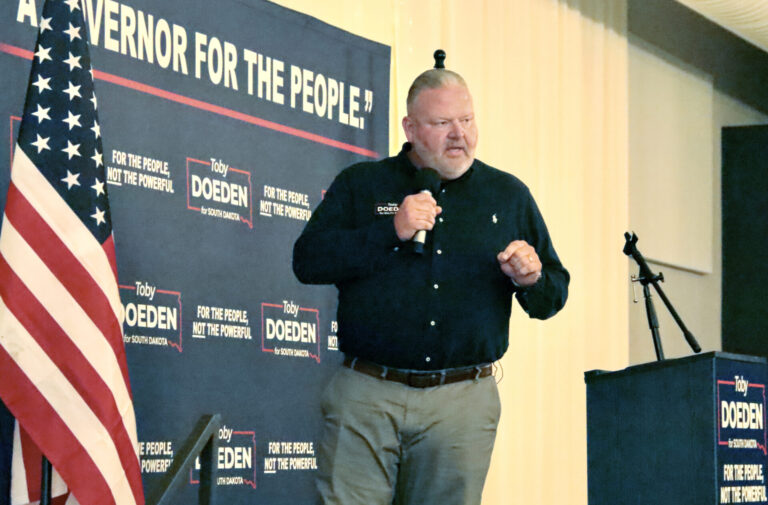 Toby Doeden speaks at a campaign event on Thursday, June 12 at the Engel Event Co. It was his first stop on a quest to visit all 66 counties as he campaigns to earn the Republican nomination for governor next year. Aberdeen Insider photo by Scott Waltman.