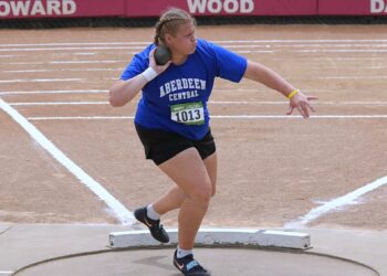 Aberdeen Central's Taryn Hermansen gets ready to throw the shot during the Class AA state track and field meet at Howard Wood Field. Hermansen was named the 2026 Gatorade state track and field athlete of the year. Photo by Kevin Foss for the Aberdeen Insider.